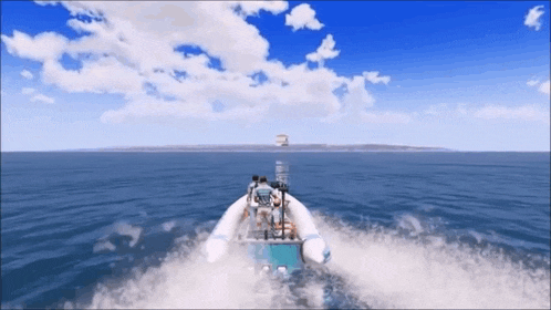 a boat is floating in the ocean with a small island in the background