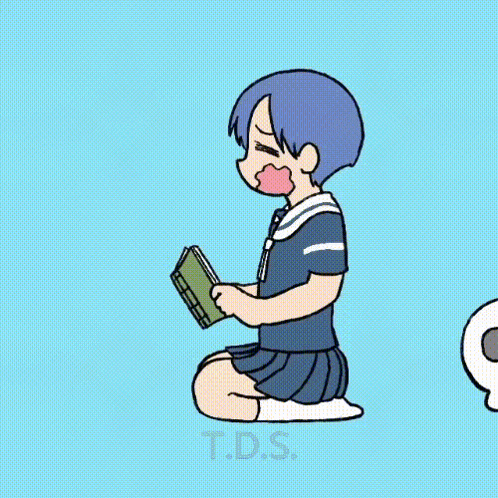 a girl in a school uniform is kneeling down reading a book .