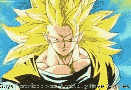 a picture of a cartoon character with the caption guys fortnite doesn 't actually have 34 rules