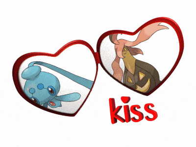 a couple of hearts with the word kiss in red