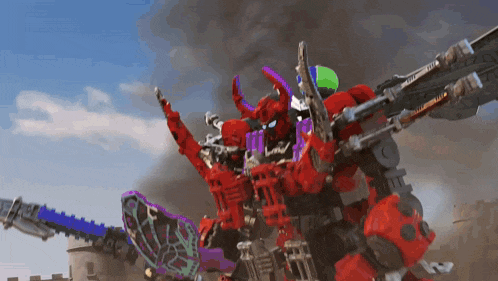 a robot with purple horns is holding a purple sword