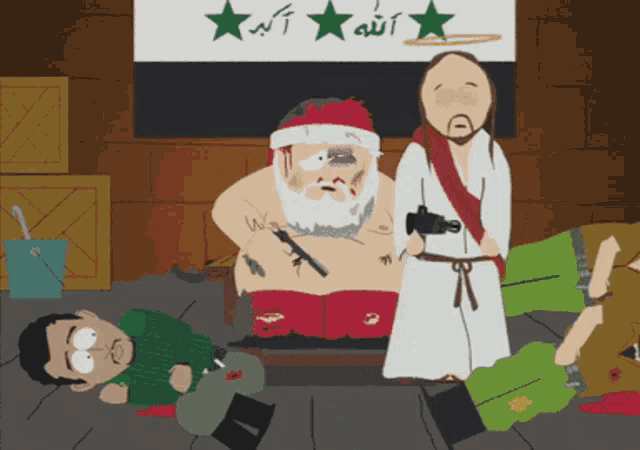 a cartoon of santa claus and jesus standing in front of a flag