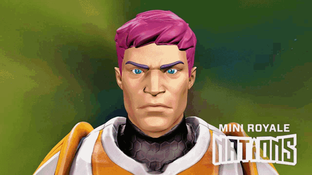 a cartoon of a man with purple hair and the words mini royale nations behind him