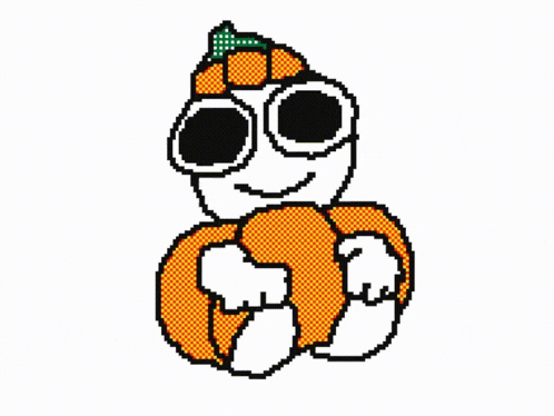 a pixel art drawing of a cartoon character wearing a pumpkin hat and sunglasses .