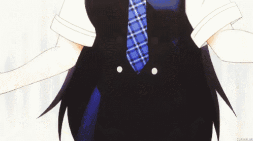 a close up of a girl with long hair and red eyes wearing a school uniform and tie .