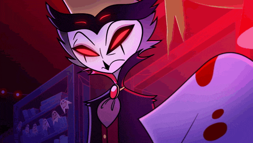 a cartoon character with red eyes is holding a piece of paper in his hand