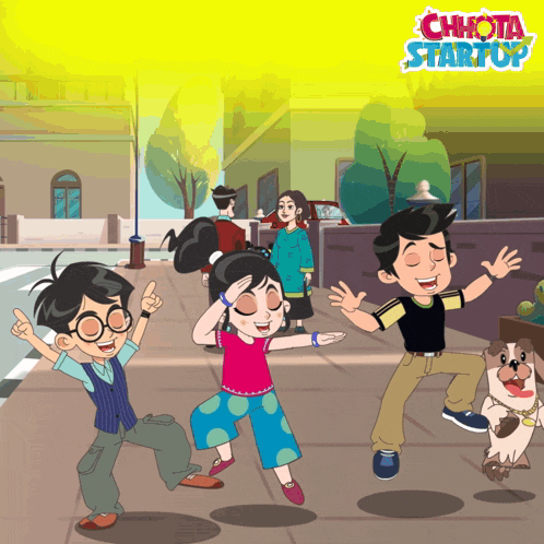 a cartoon drawing of a boy and two girls with the words chhota startup on the bottom