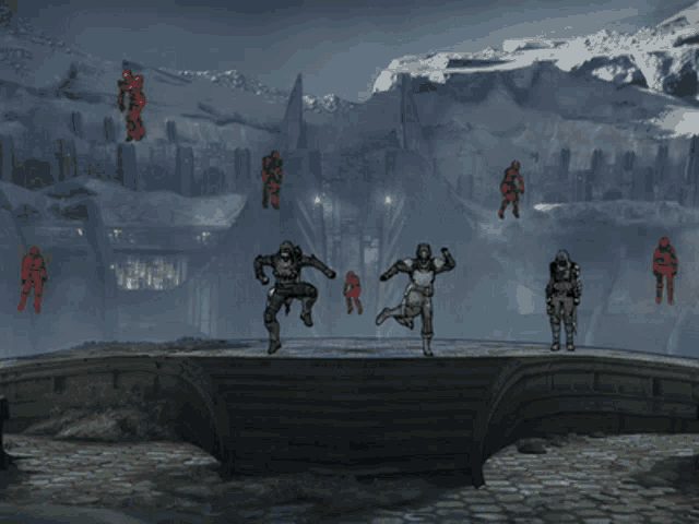 a group of soldiers are standing on a bridge in front of mountains