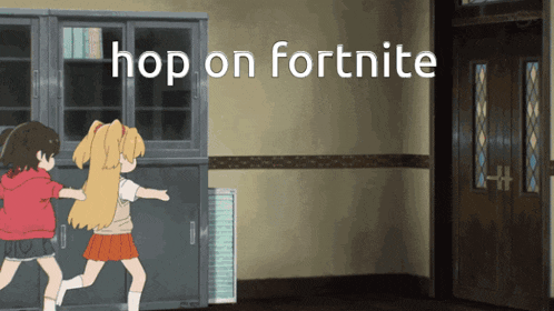two girls are running in a hallway with the words hop on fortnite written on the bottom