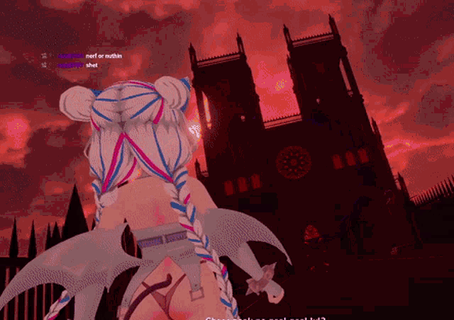 a screenshot of a video game shows a girl with wings standing in front of a cathedral