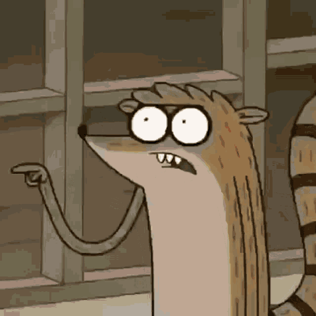 a cartoon raccoon wearing glasses is pointing at something with his finger .