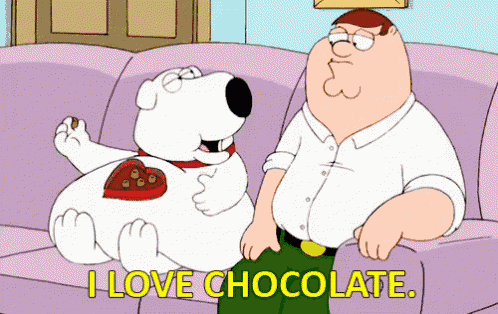 a cartoon of peter griffin sitting on a couch with a dog that says " i love chocolate "