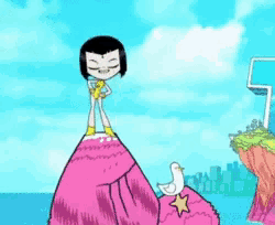 raven from teen titans go is standing on a rock with a star on it