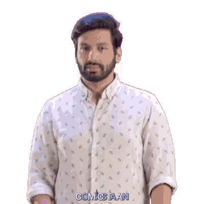 a man with a beard is wearing a white shirt and says what e en