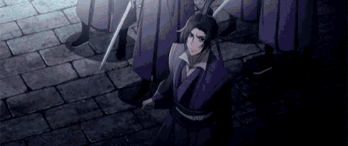 a man in a purple outfit is holding a sword in his hand
