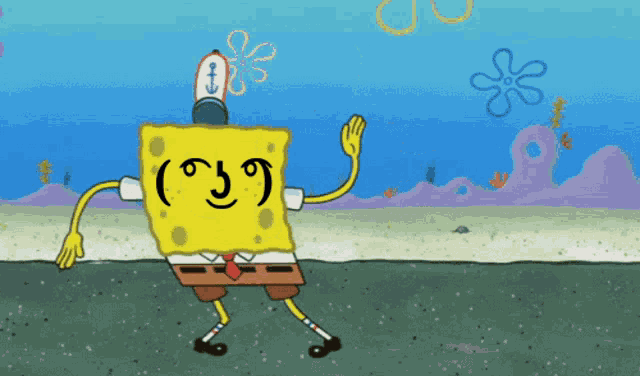 a cartoon of spongebob squarepants dancing with a smiley face on his face