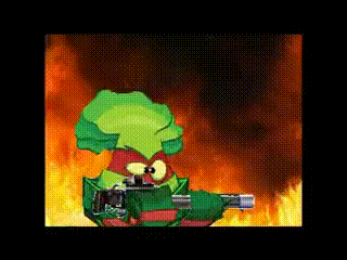 a cartoon character is holding a gun in front of fire .