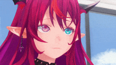 a close up of a red haired anime girl with blue eyes