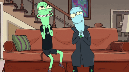 two cartoon characters are sitting on a couch with one wearing a shirt that says " i 'm off "
