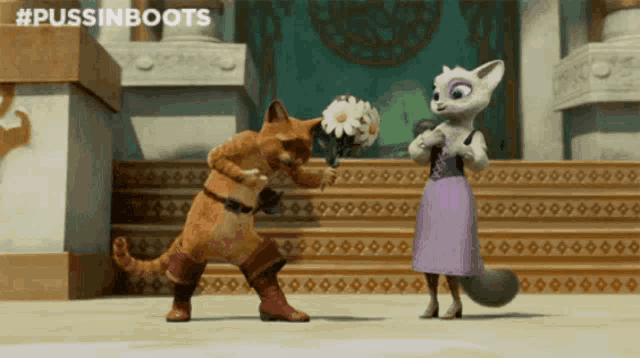 a cat is holding a bouquet of daisies next to a fox in a purple dress ..