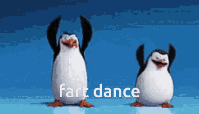 two penguins are dancing with the words fart dance written below them