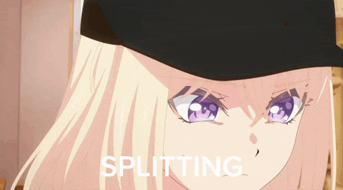 a blonde anime girl with purple eyes is wearing a black hat with the word splitting written below her