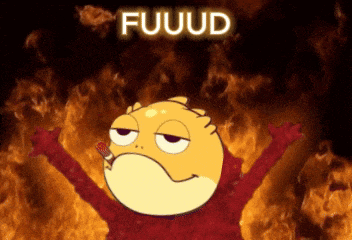 a cartoon character with the word fuuuud written above him