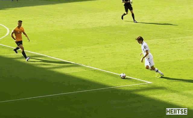 a soccer player kicking a ball on a field with the word heitse on the bottom