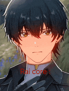 a close up of a person 's face with the word rai core written on it
