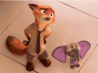 a fox and an elephant from zootopia are standing next to each other on a tiled floor .