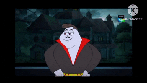 a cartoon character with his arms outstretched in front of a house