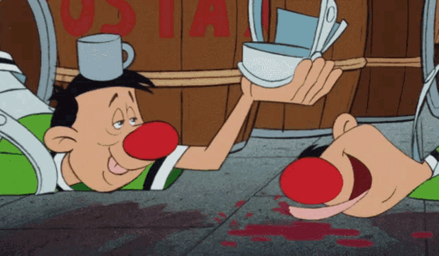 a cartoon character with a red nose and a cup on his head is holding a bowl