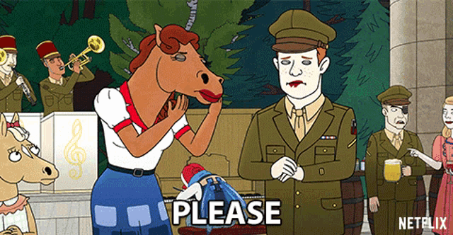 a cartoon shows a man in a military uniform talking to a woman with a horse head
