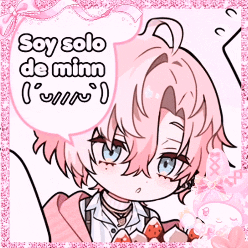 a girl with pink hair is holding a strawberry and says " soy solo de minn "