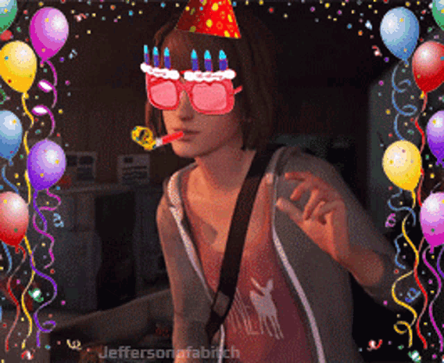 a woman wearing birthday glasses and a party hat is surrounded by balloons and streamers