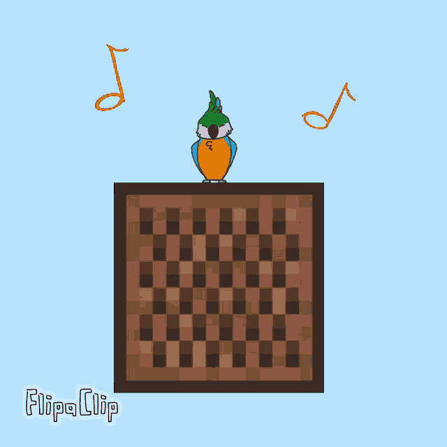 a cartoon of a parrot standing on top of a chess board with the word flipaclip below it