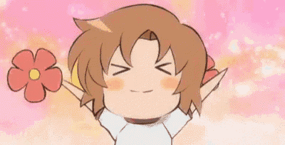 a cartoon girl is holding a flower in her hand and making a face .