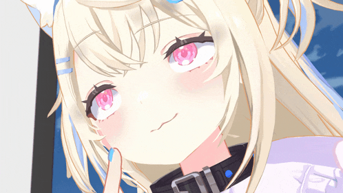 a girl with blonde hair and pink eyes is wearing a collar