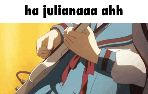 a picture of a girl holding a guitar with the words ha julianaa ahh above her