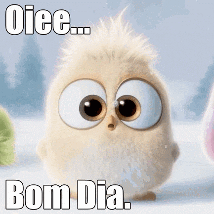 a cartoon bird with big eyes and the words bom dia