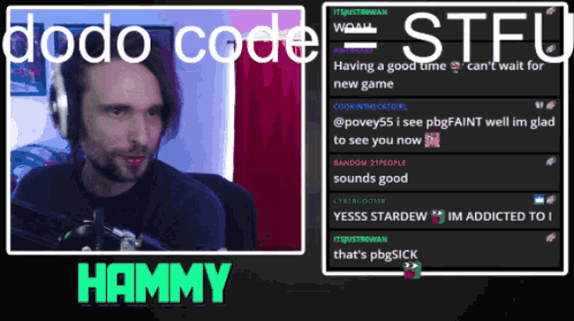 a man sitting in front of a microphone with the words hammy on the bottom