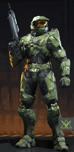 a video game character is holding a gun and wearing a green armor