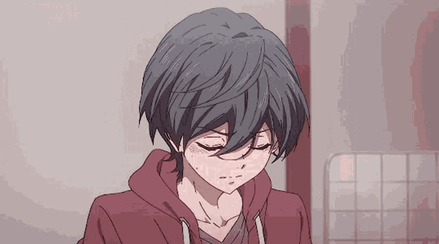 a boy with short hair is wearing a red hoodie and has his eyes closed