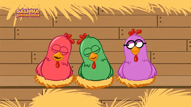 a cartoon of three chickens with the words galinha pintadinha on the top
