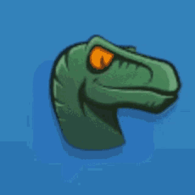 a cartoon of a dinosaur with orange eyes and sharp teeth