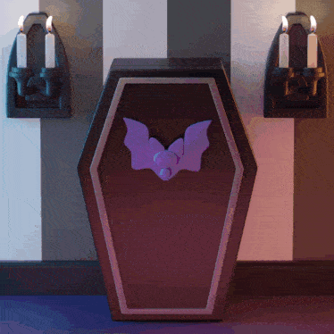 a black coffin with a purple bat on the front