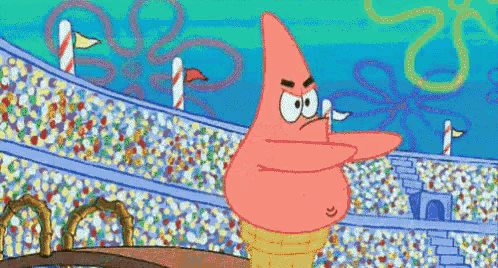 patrick star from spongebob is standing in front of a crowd