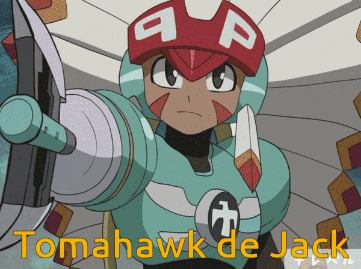 a cartoon character named tomahawk de jack is holding a gun