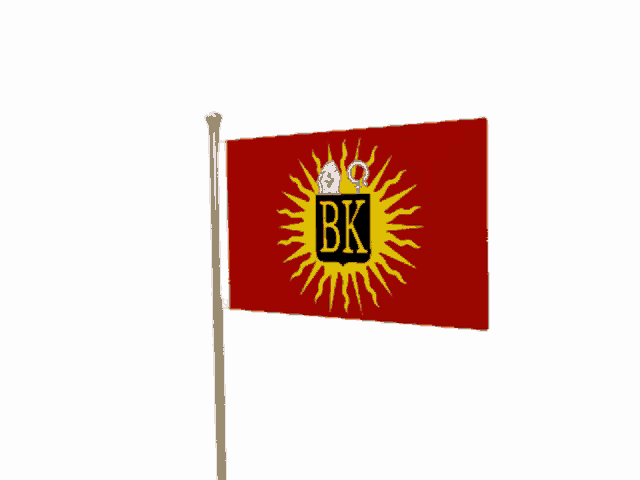 a red flag with a yellow sun and the letters bk on it