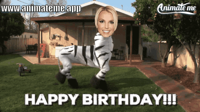 a picture of britney spears in a zebra costume with the words happy birthday